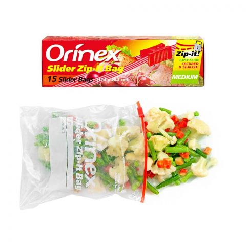 Orinex Slider Zip-Lock Bag, 7x8 Inches, Medium, 15-Pack, Food Grade