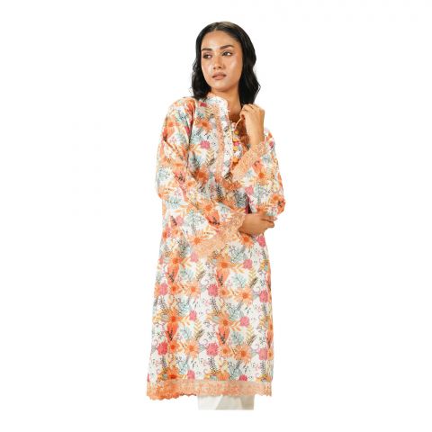 Basix Digital Printed Lawn Golden Brown N White Shirt With Lace, LS-506