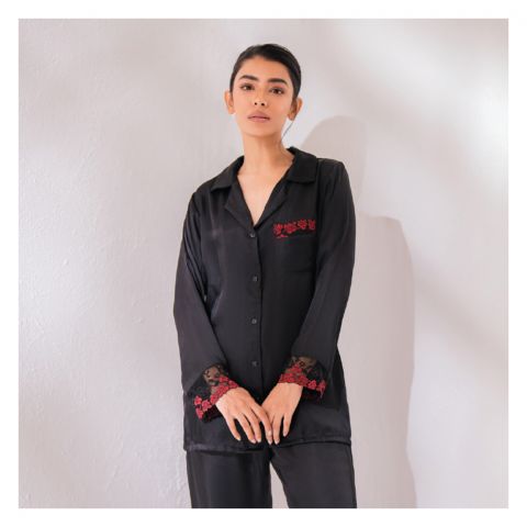 Poppy Pajama Set 136, Front Open Collared Shirt With Laces & Trouser, Premium Soft Silk Loungewear For Women, Black, 136