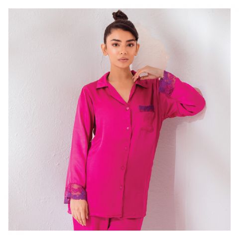 Poppy Pajama Set 136, Front Open Collared Shirt With Laces & Trouser, Premium Soft Silk Loungewear For Women, Magenta, 136