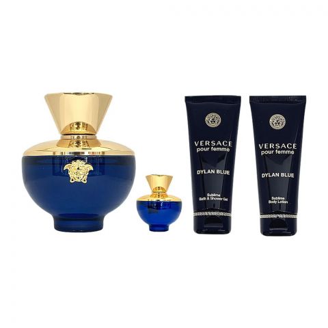 Versace Dylan Blue Pour Femme Perfume Set For Women, EDP 100ml + EDT 5ml + Body Lotion + Shower Gel