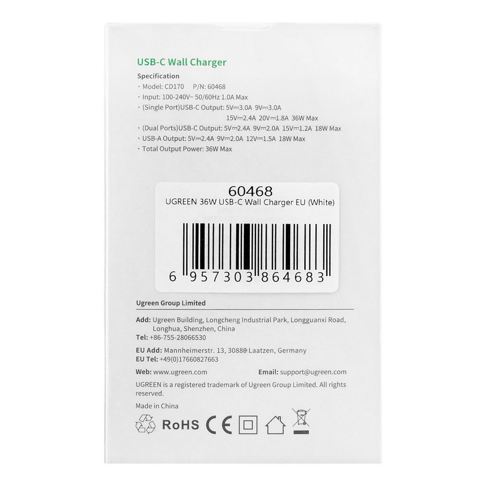 Chargeur Ugreen CD170 36W USB-C/USB PD - Blanc EU - Occasion Comme Neuf