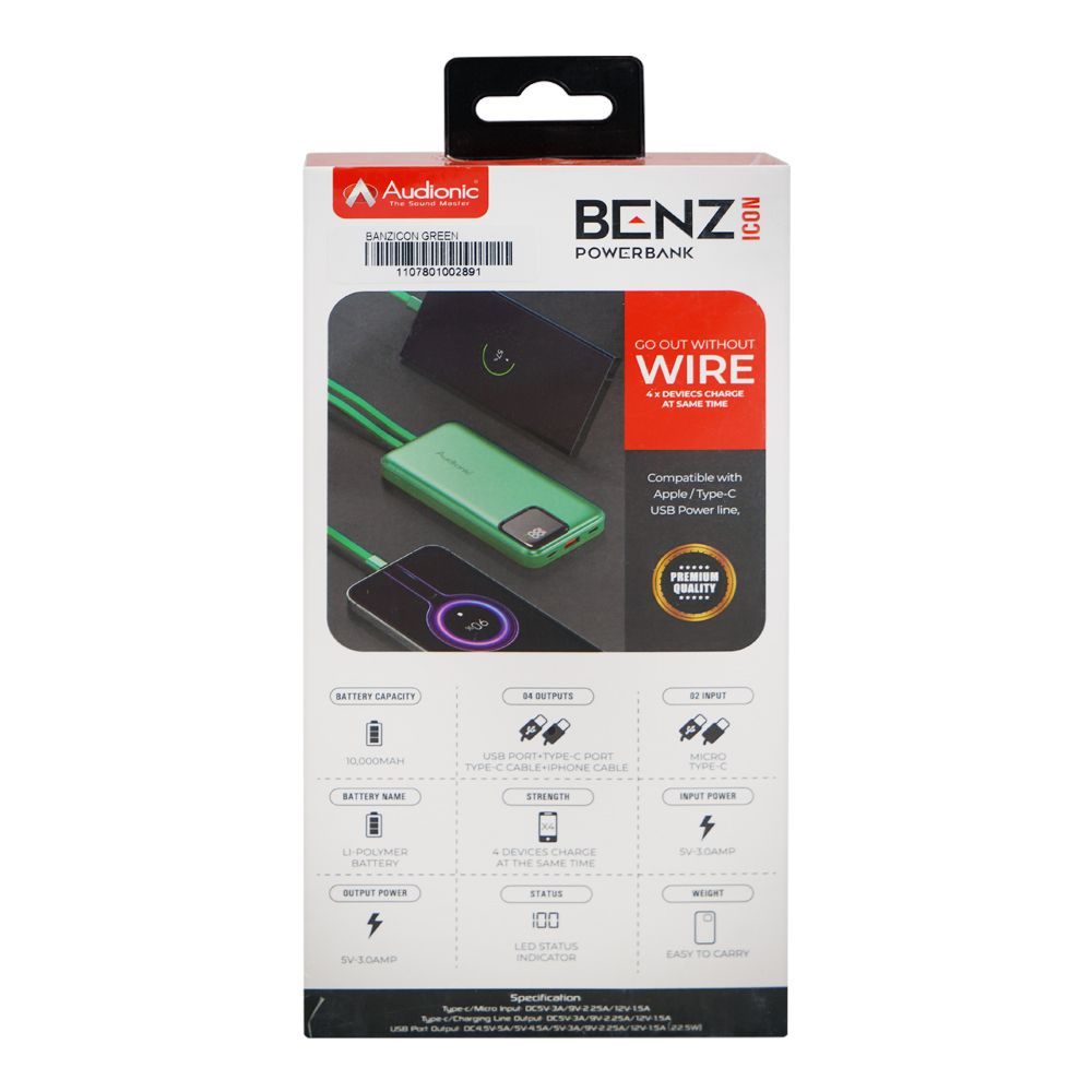 Audionic Benz Icon Power Bank, 10000mAh, 22.5W, Built-In USB-C ...